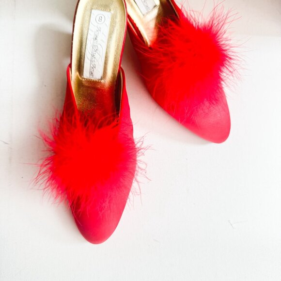 Vintage Intimate Details Red Satin Fur Pom Pom Bedroom Slippers Kitten Heel 8 - Picture 2 of 7